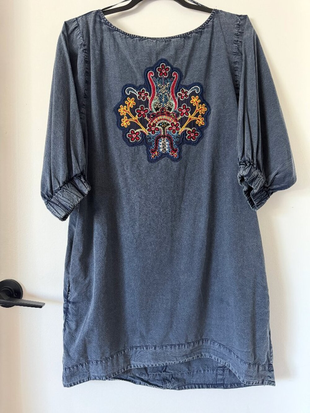 Zara Basic Embroidered Denim Shift Dress | XS